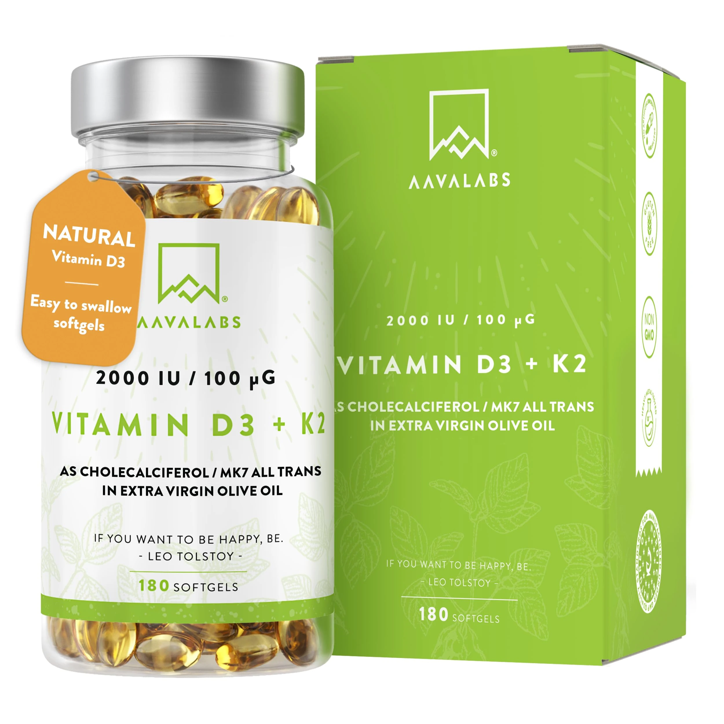 Vitamin D3 K2 MK7 (99.9% All-Trans) with Extra Virgin Olive Oil - 180 Softgels D3 and K2 Vitamin Supplements