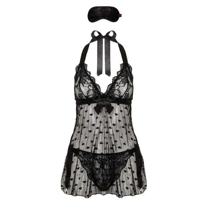 Lovehoney Lingerie Black Lace Underwear Gift Set - Halter Neck Babydoll, Tie Side Knickers, Mask and Envelope - One Size (8-16)