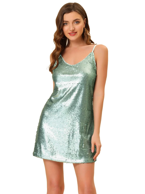 Allegra K Women's Glitter Sequin Dress Spaghetti Strap V Neck Party Cocktail Sparkly Mini Dress Clubwear, Light Green, L