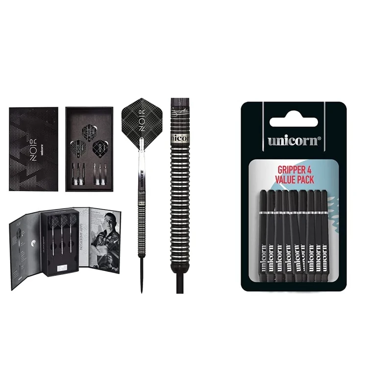Unicorn Darts Noir - Gary Anderson 90 Percent Tungsten Dart, Black, 25 g & Gripper 4 Dart Shaft Stem Set, 15 Stems, Black, Medium - 41mm