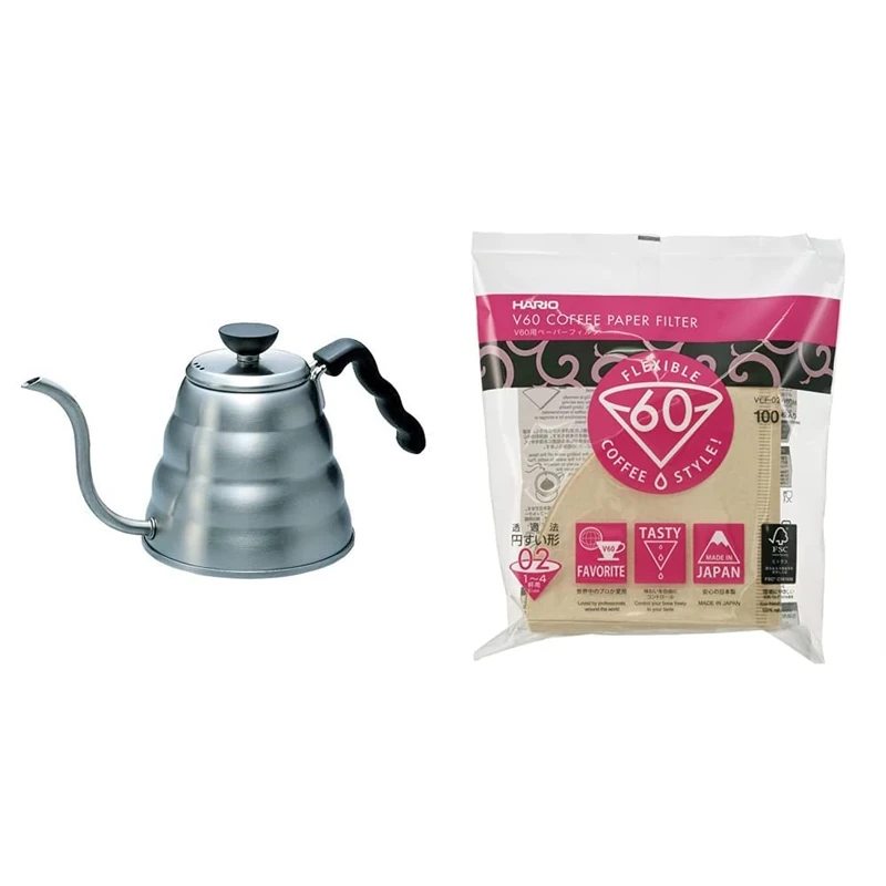 HARIO V60 Buono Drip Large Stovetop Stainless-Steel Gooseneck Pour-Over Kettle, 1.2 Litre & V60 Filter Papers - Paper Coffee Filters for V60 Dripper, Compatible with Size 02, Natural, 100 Pack