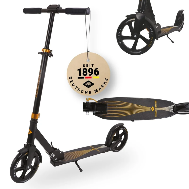 Schildkröt Street Master 2.0 Scooter, Aluminum Scooter, 200 mm Wheels, Large Deck, Foldable, Ideal for Children and Adults, Matte Black-Gold, 510003
