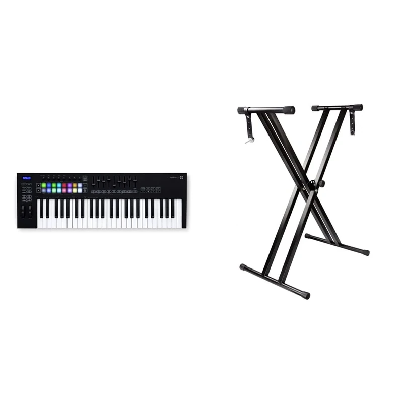 Novation Launchkey 49 [MK3] MIDI Keyboard Controller & RockJam RJX29 Double Braced Adjustable Keyboard Stand with Locking Straps, Black
