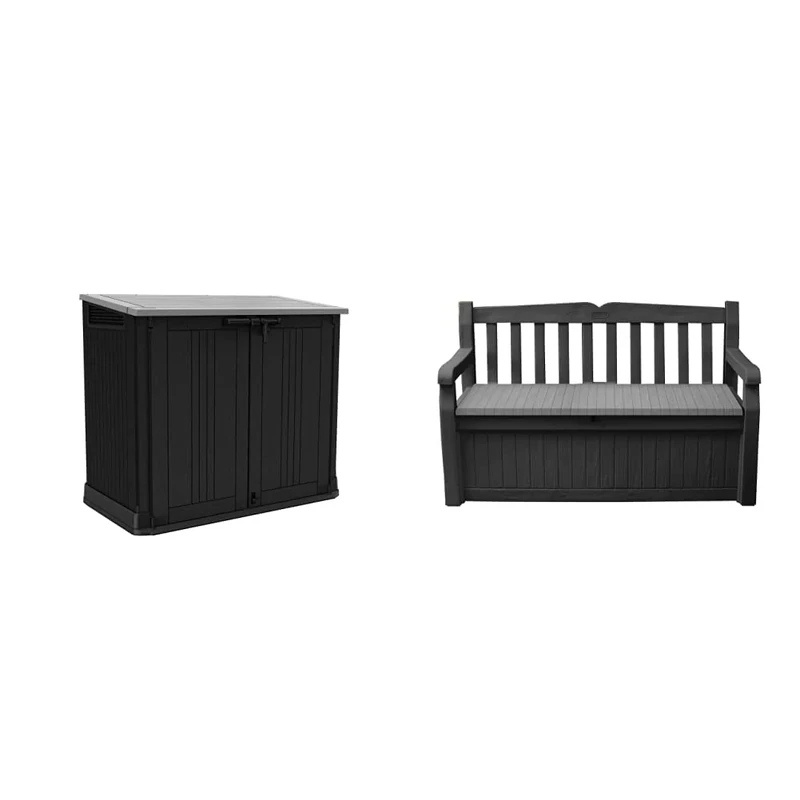 Keter Store it Out Nova Outdoor Garden Storage Shed, 32 x 71.5 x 113.5 cm, Dark Grey with Light Grey Lid & Eden Bench Outdoor Storage Box Garden Furniture, Graphite and Grey, 132.5L x 75W x 18.5H cm