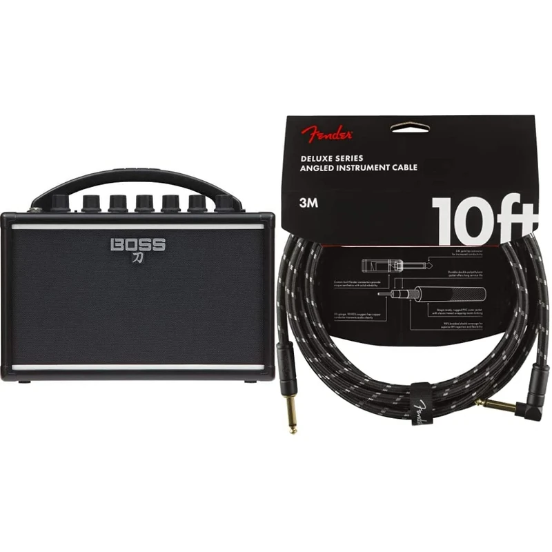 BOSS Ktn-Mini Katana Portable Guitar Amplifier, A Compact, Go-Anywhere Amp That Runs On Batteries - Rich, Full Sound & Fender 990820090 Deluxe Series Instrument Cable - 10 ft – STR/ANG – Black Tweed
