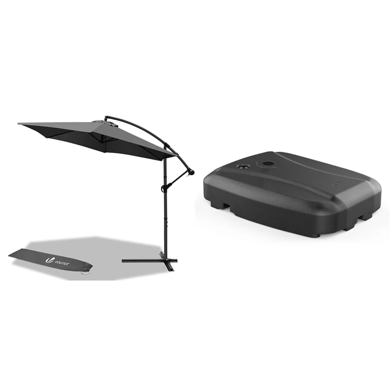 VOUNOT 3m Cantilever Garden Parasol, Banana Patio Umbrella with Crank Handle and Tilt for Outdoor Sun Shade, Grey with Base Weights and Stand