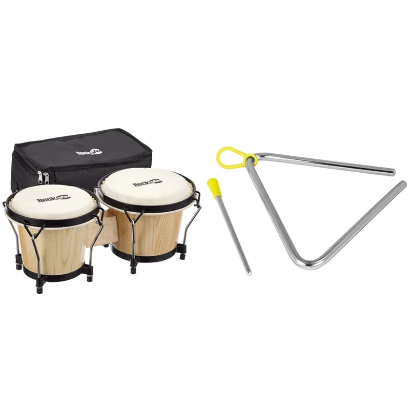 RockJam RJ-100300 7" and 8" Bongo Set with Padded Bag and Tuning Wrench Natural & TIGER TRI7-2-MT 6" Triangle Instrument with Beater
