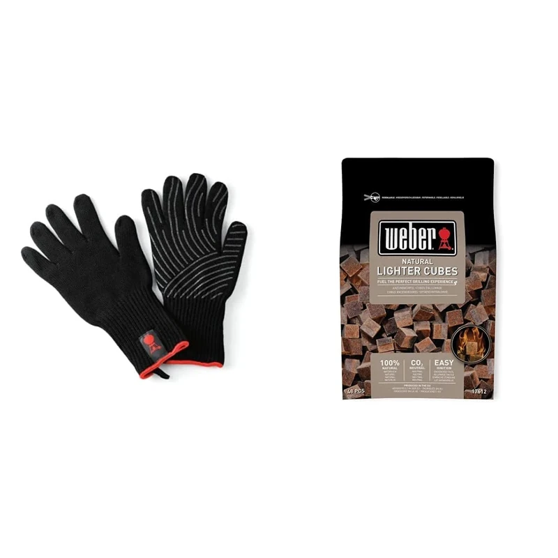 Weber Premium Gloves, Size S/M, black, heat resistant, Small/Medium & 17612 Lighter Cube, Mixed, 38x17x5 cm