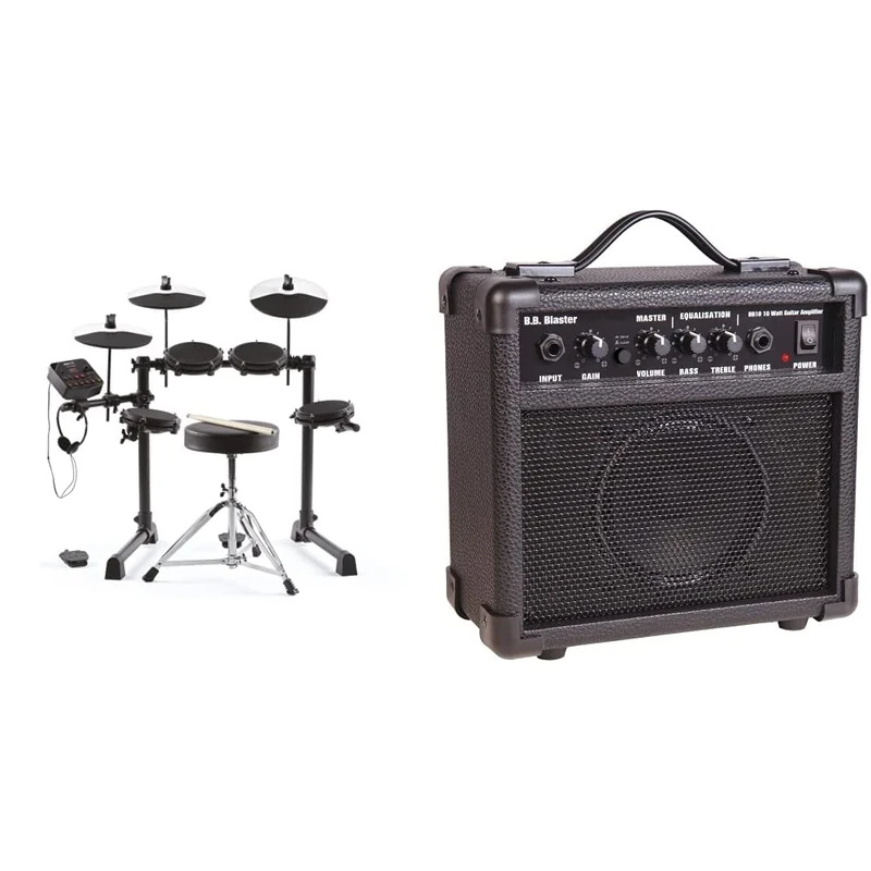 Alesis Drums Debut Kit – Kids Electric Drum Kit with 4 Quiet Mesh Electronic Drum Pads, 120 Sounds, Drum Sticks, Drum Stool, Headphones, and Lessons & Kinsman BB10 Blaster 10W Amp - Black