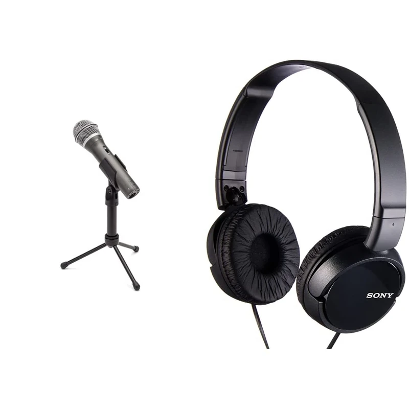 SAMSON Q2U Recording and Podcasting Pack - USB/XLR Dynamic Microphone with Accessories 16-bit, 44.1kHz/48kHz, Silver & Sony MDR-ZX110 Overhead Headphones - Black