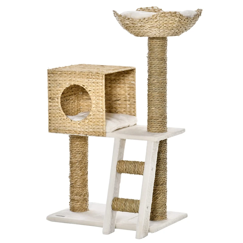 PawHut Cat Tree Scratching Post Height 100.5 cm with Cushions and Ladder Activity Centre Cattail Poles