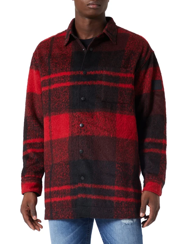BOSS Mens Laurus Oversized-fit Overshirt with Check and Logo Patch Red
