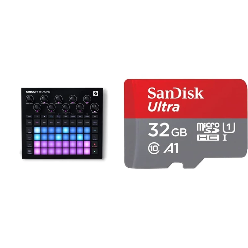 Novation Circuit Tracks & SanDisk Ultra 32 GB microSDHC Memory Card + SD Adapter with A1 App Performance Up to 120 MB/s, Class 10, U1, SDSQUA4-032G-GN6MA , Red/Grey