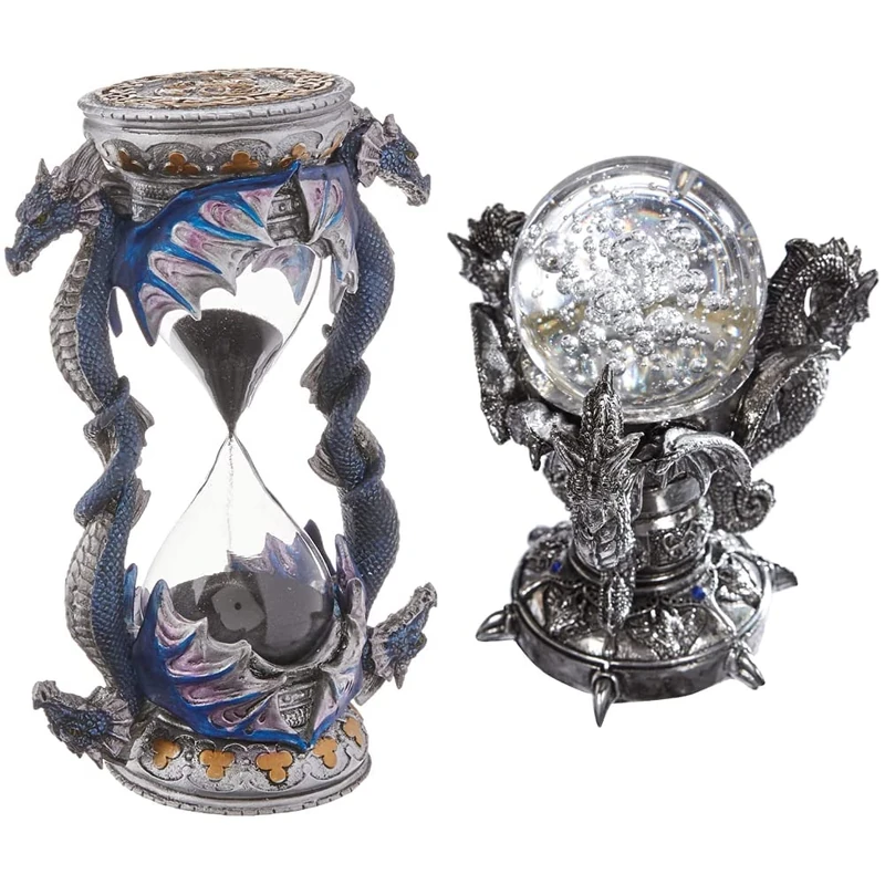 Design Toscano Death's Door Dragon Gothic Decor Statue Hourglass Sand Timer & Dragons of Corfu Castle Gothic Decor Statue Globe Figurine, 13 cm, Polyresin and Glass, Silver Chrome