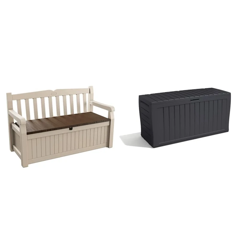 Keter Eden Bench Outdoor Storage Box Garden Furniture, Beige and Brown, 140 x 60 x 84 cm & Marvel+ 270L Garden Storage Box - Graphite Grey