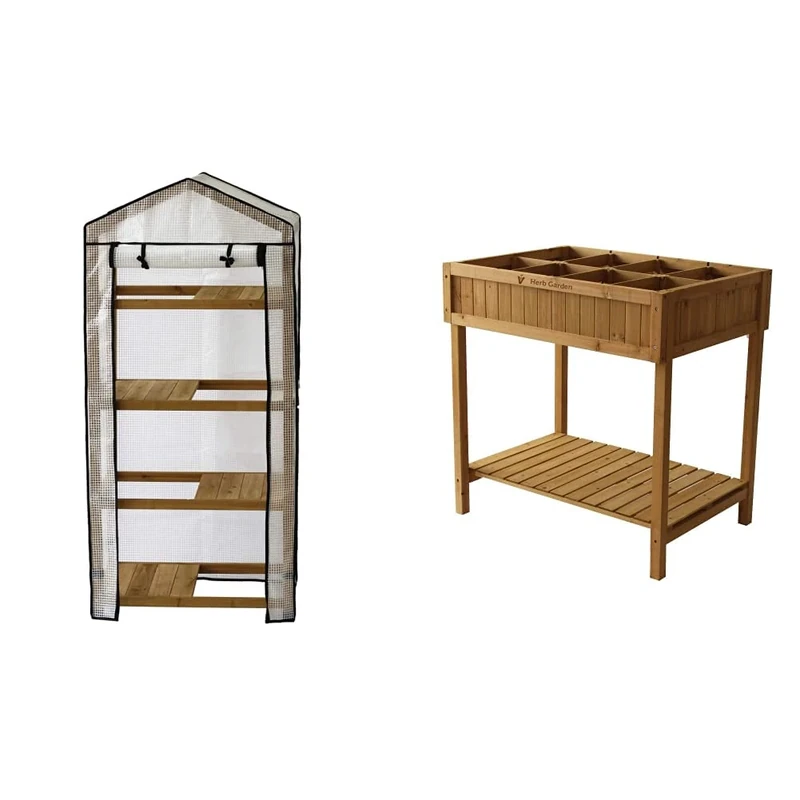 VegTrug WGH401N Natural Wooden Greenhouse Nursery & PE Cover, 1575.0 mm*490.0 mm*708.0 mm and Vegtrug RHP6002N Herb Garden, 80cm x 78cm x 58cm