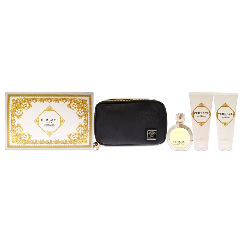 Versace Versace Eros Pour Femme For Women 4 Pc Gift Set 3.4oz EDT Spray, 3.4oz Luxury Body Lotion, 3.4oz Luxury Bath and Shower Gel, Black and Gold Travel Beauty