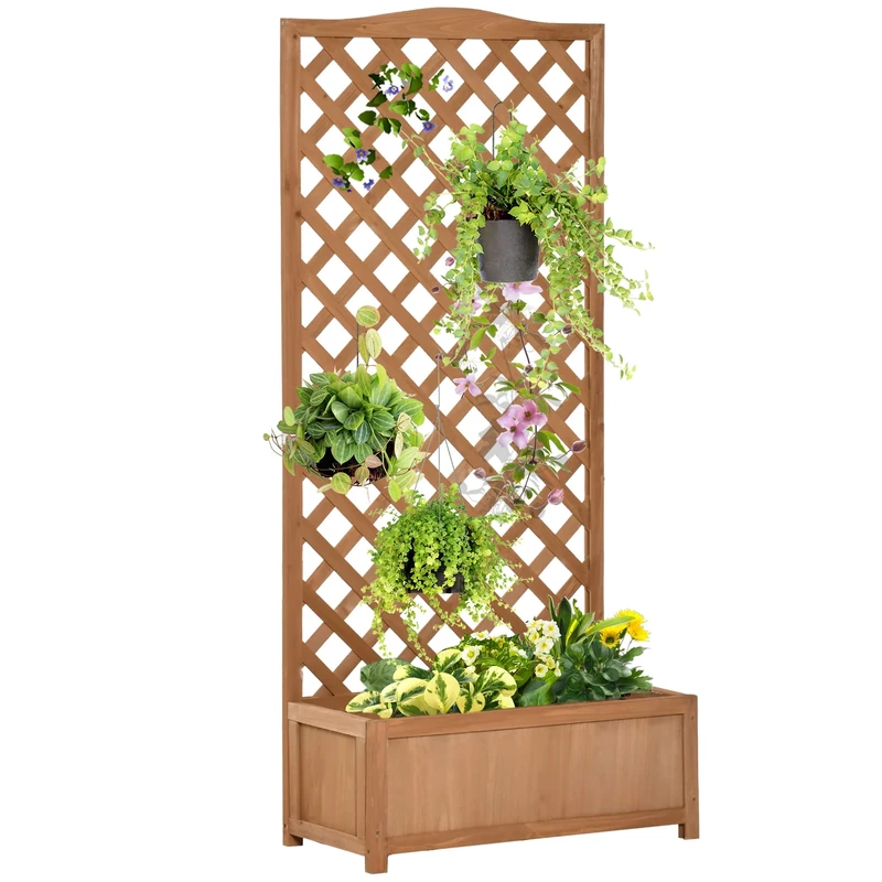 Outsunny Wooden Planter with Trellis, Freestanding Raised Bed for Garden with Lattice, Outdoor Planter Box for Climbing Plants, Vines, Flowers, 76 x 36 x 170 cm, Brown