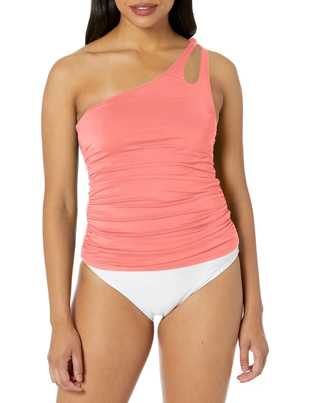 La Blanca Women's Island Goddess One Shoulder Keyhole Tankini Swimsuit Top, Hot Coral, 14