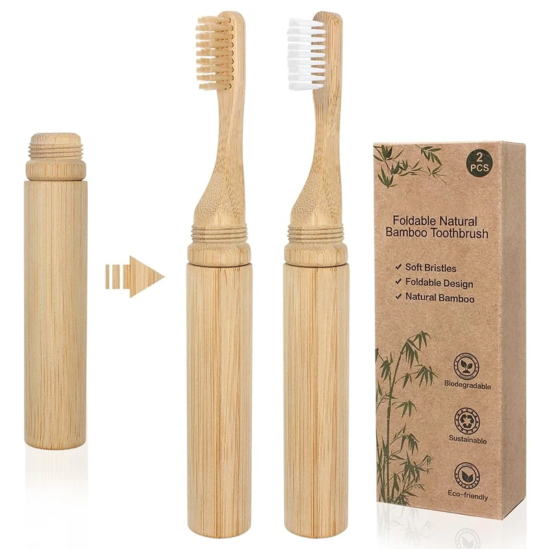 SWKJ Portable Bamboo Toothbrushes 2 Pcs - Foldable Eco-Friendly