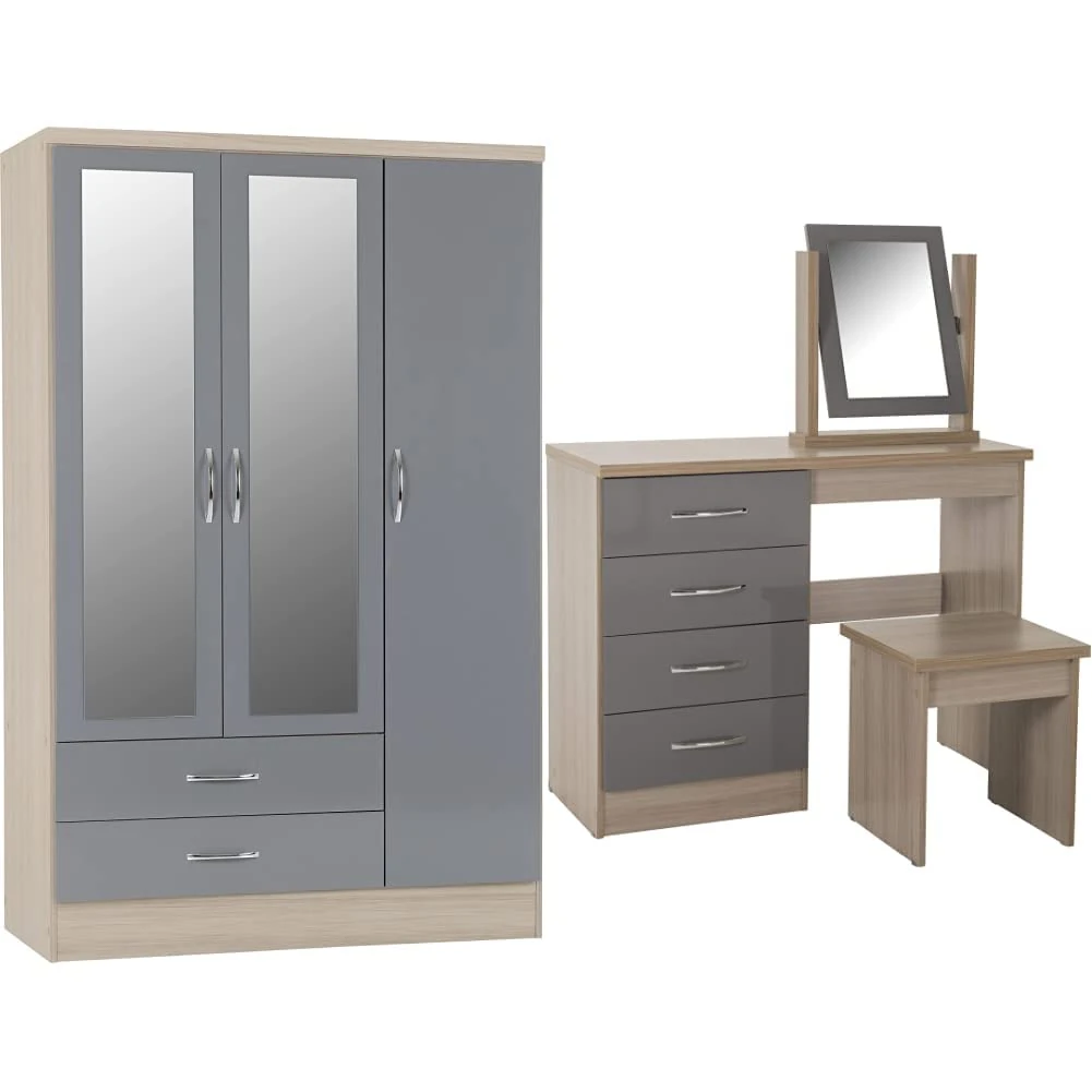Seconique Nevada 3 Door 2 Drawer Wardrobe, Grey Gloss & Nevada 4 Drawer Dressing Table Set - Grey Gloss/Light Oak Effect Veneer