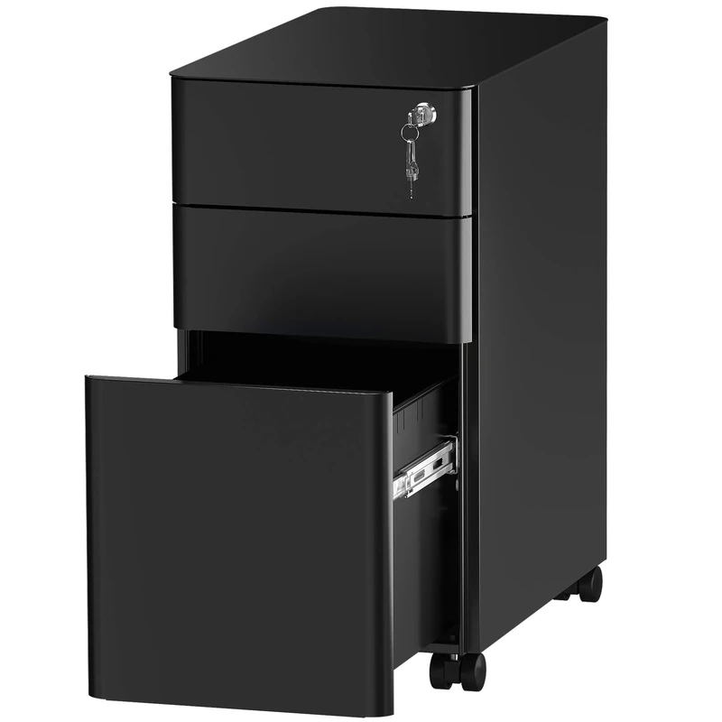 YITAHOME Metal File Cabinet with 3 Lockable Drawers, Mobile Filing Cabinet for Home Office, Under Desk File Office Drawers for Letter/Legal/A4, Fully Assembled, Black, 30 x 46 x 59cm