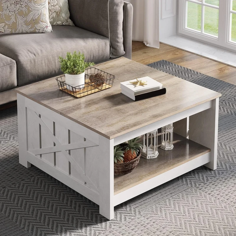 YITAHOME Coffee Table with Storage,Square Wood Modern Rustic Coffee Table for Living Room,Farmhouse Grey Wash Coffee Tables with Half Open Storage Compartment