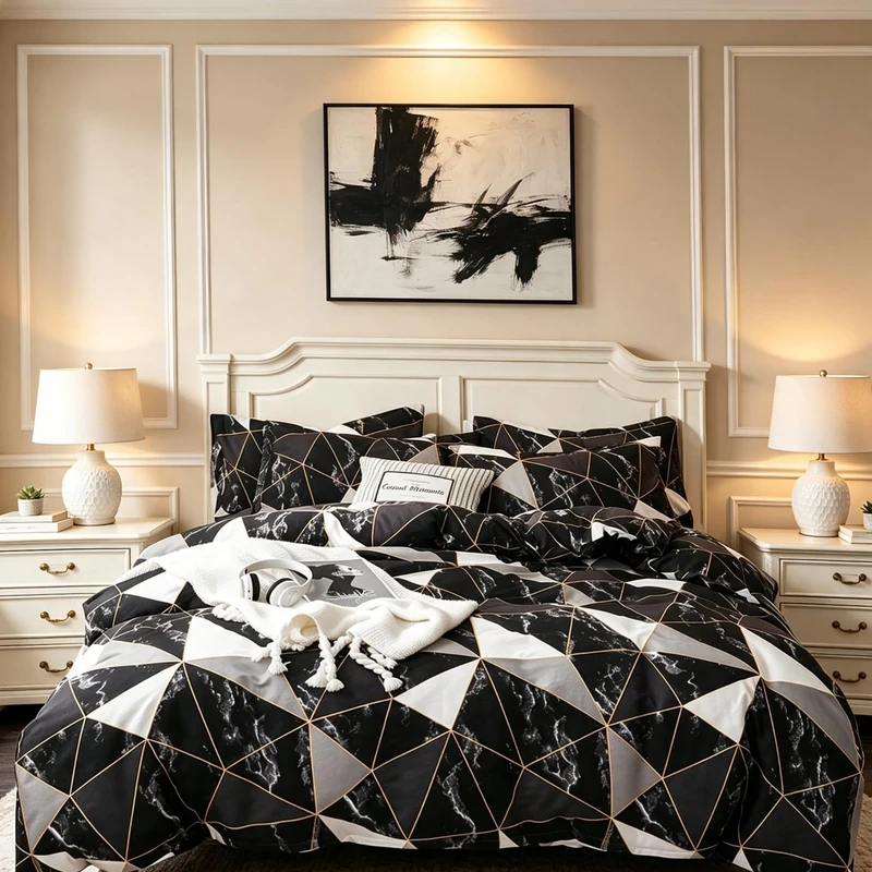 CLOTHKNOW Black White Marble Comforter Set Full Size 3Pcs Triangle Bedding Sets Geometric Comforter with 2 x Pillow Cases