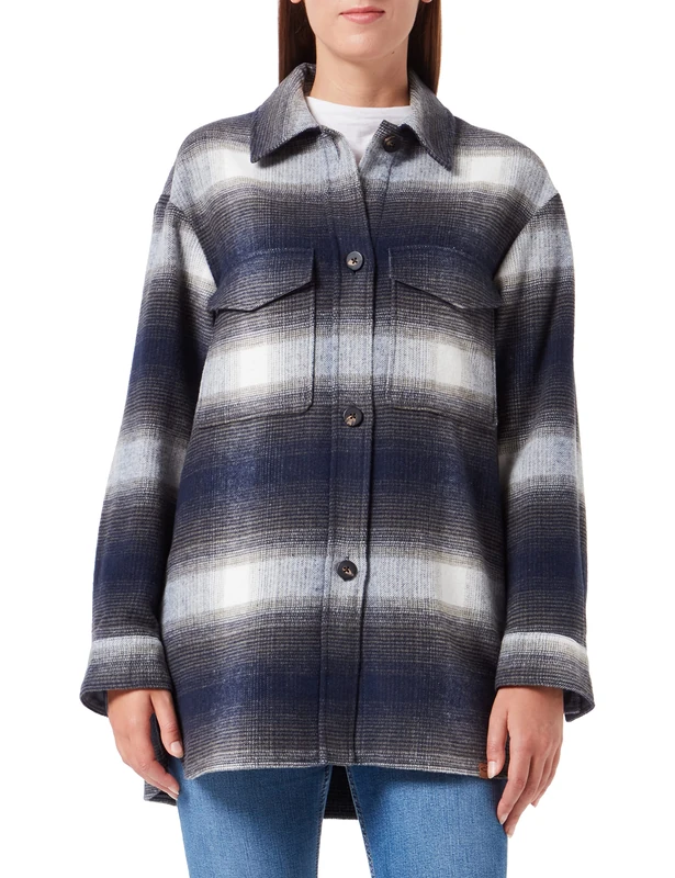 camel active Women's Checked Cotton Blend Overshirt, blue, 48