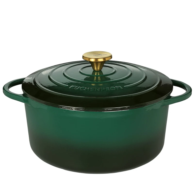 Küchenprofi Cast Iron Roasting Dish with Lid, Green/Black Inside, 26 cm, Casserole Dish, Dutch Oven, Bread Baking Pan, Enamelled, for All Hobs (Including Induction), for Stewing, Baking, Roasting