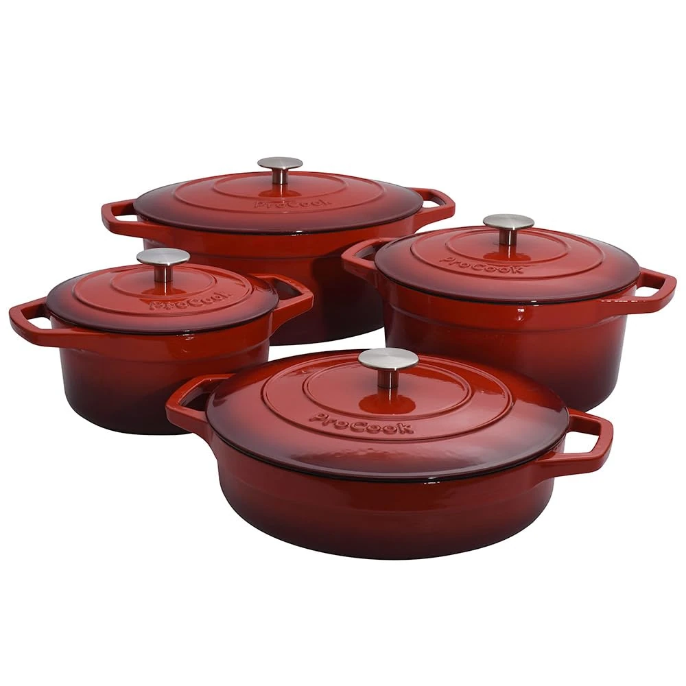 ProCook Enamel Dutch Oven Set with Lids - 4 Piece, 20x24x28x30 cm, 2.7/4.7/3.9/6.2 L, Round Cast Iron Casserole Dishes - Red, Induction Compatible Cookware