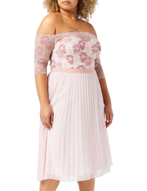 Chi Chi London Bardot Sheer Lace Overlay Pleated Midi Dress in Pi Pink