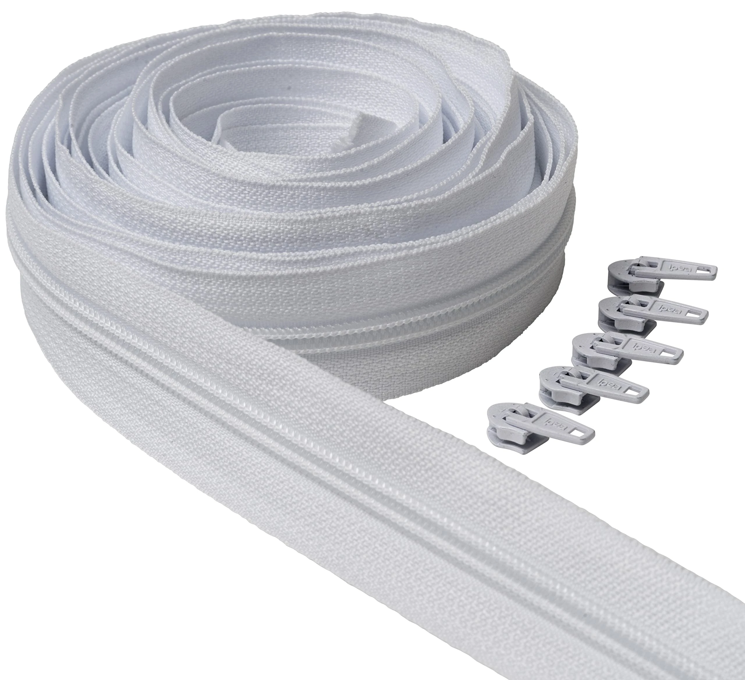 IPEA White Continuous Zip 5 Metres Long + 15 Metal Sliders, Chain Size 5, Made in Italy, Nylon Zips, Zip, Cuttable for Sewing by The Metre, Width 30 mm, White