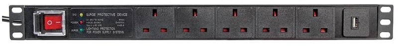PULSE PDS5-USB-SRG 5 Way UK + USB PDU with UK Plug and Surge Protection, 19" 1U