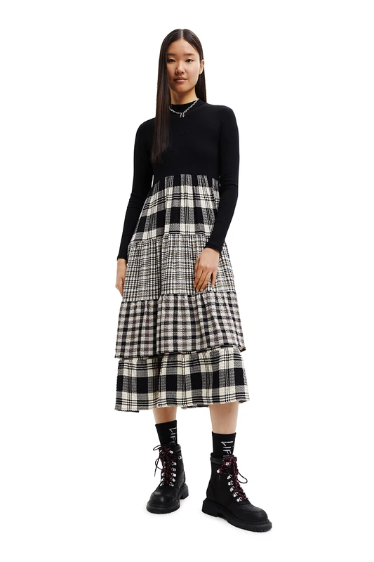 Desigual Saint Louis Ribbed Jumper Checked Maxi Skirt Dress 22WWVW36 New Season Black