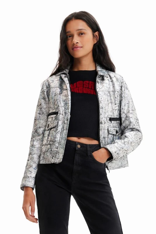 Desigual Women's Chaq_mineapolis, 2004 Silver PU Coat, Black, M