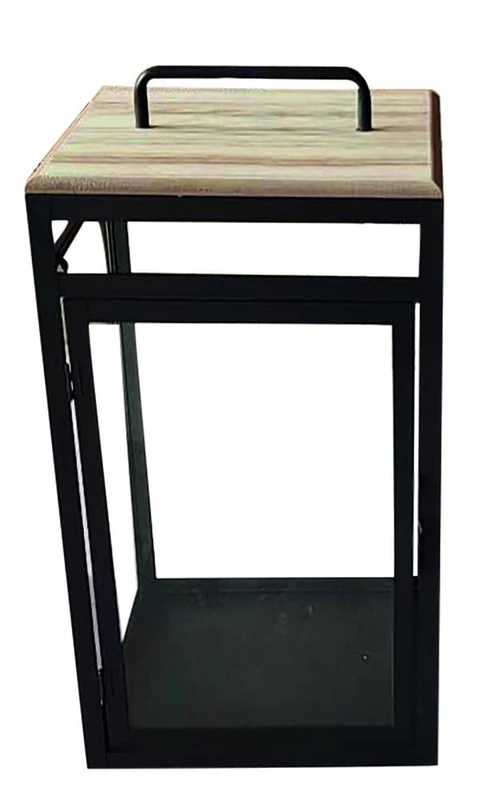 VERDELOOK Oslo Painted Metal Lantern with Wooden Top and Glass, 25.5 x 25.5 H 49 cm, Black and Natural Wood