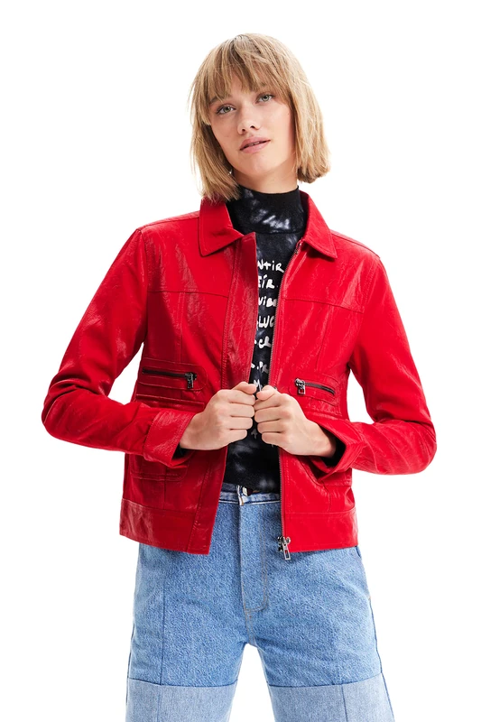 Desigual Women's Chaq_Cleveland, 3194 Chilli PU Coat, red, X-Small