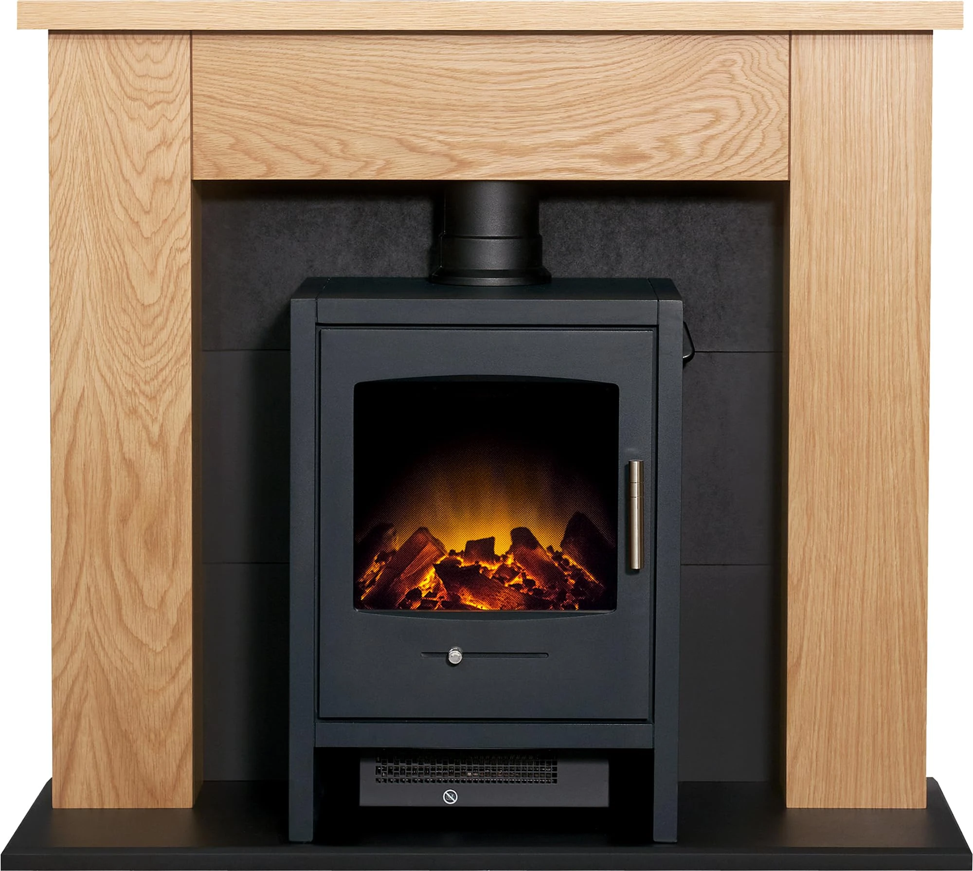 Adam Chester Stove Fireplace in Oak & Black with Bergen Electric Stove in Charcoal Grey, 39 Inch