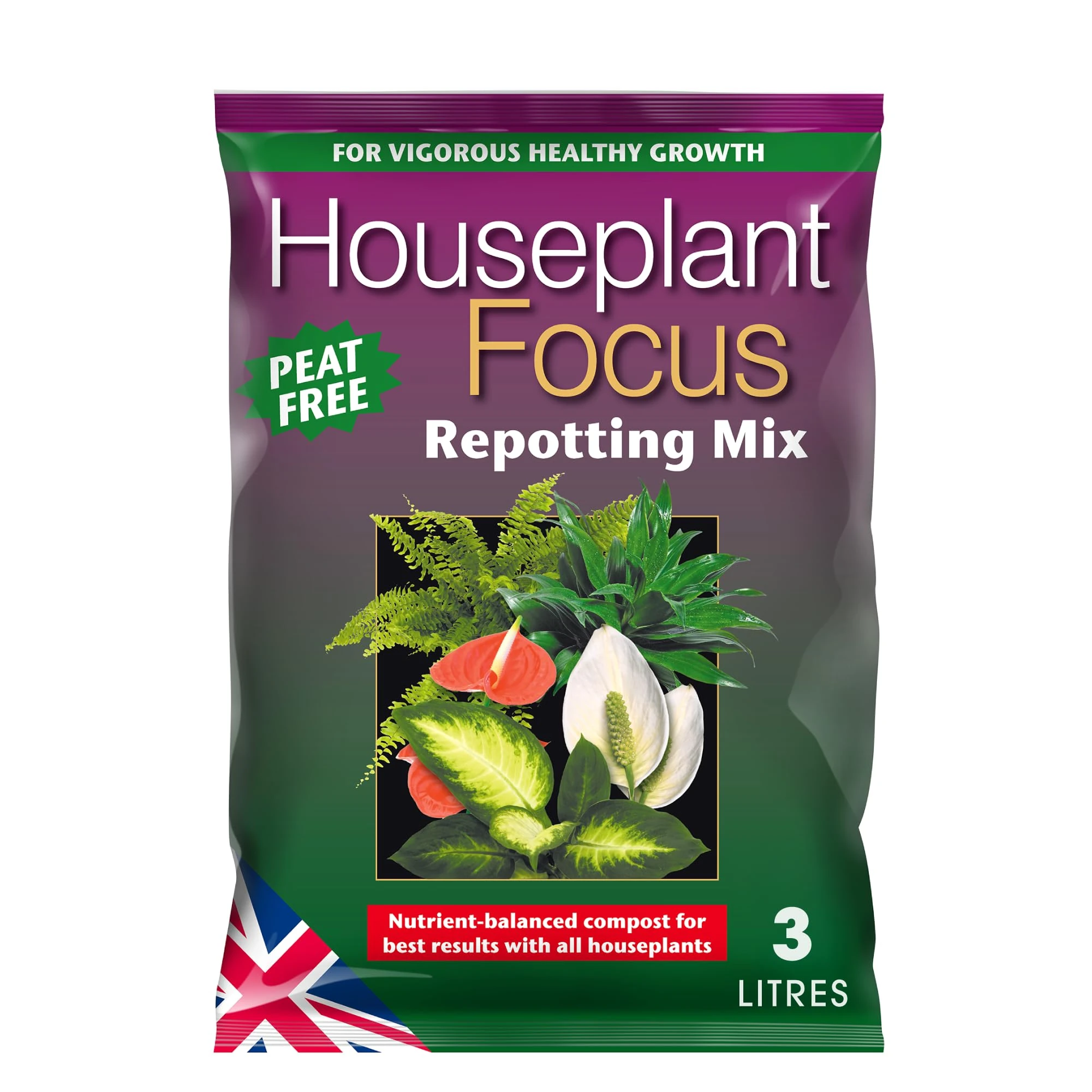 Houseplant Focus Repotting Mix, 3L - Growth Technology Potting Soil for Indoor Plants - Peat-Free Compost Soil - Professional Grade House Plant Food, Brown