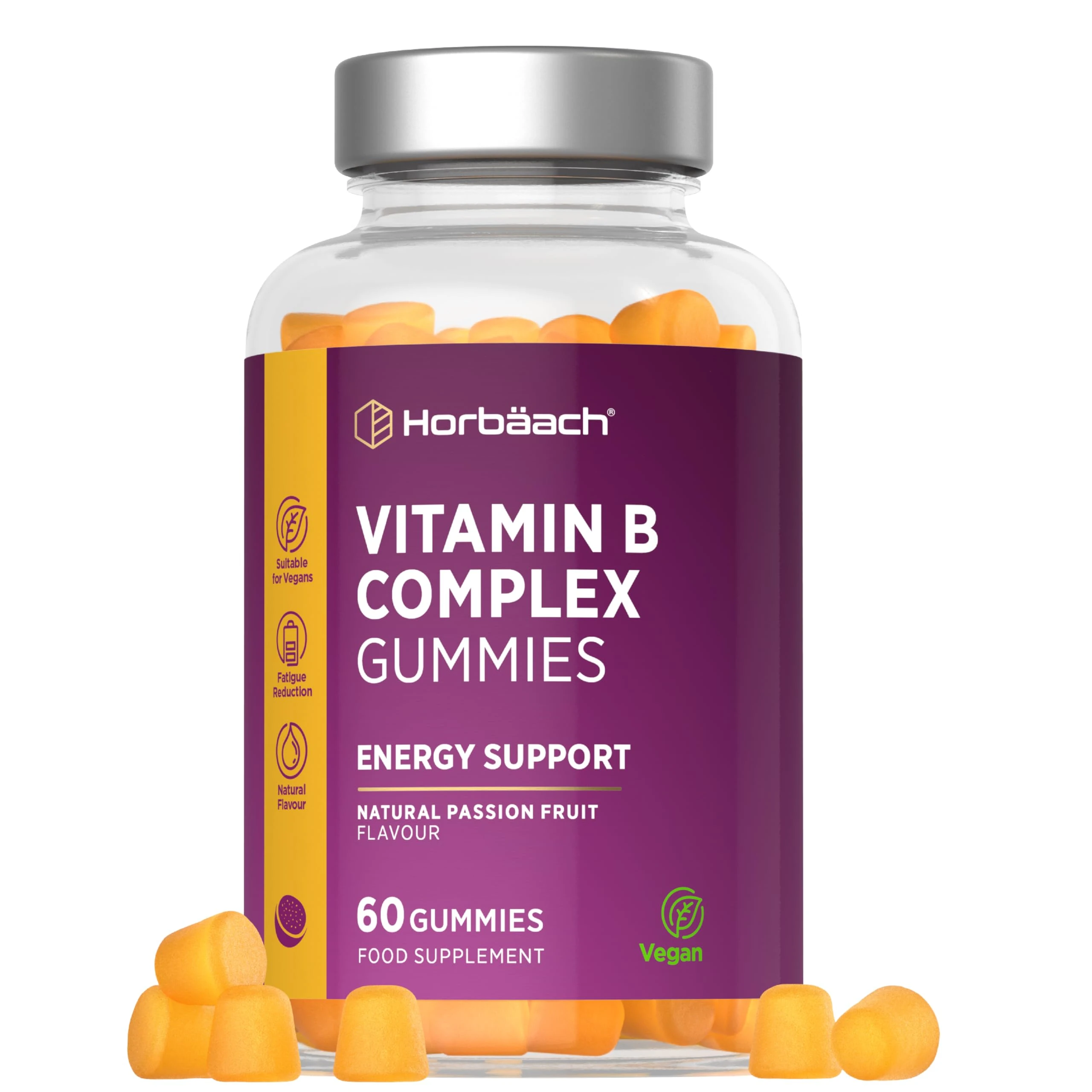 Vitamin B Complex Gummies | 60 Count - Tablet Alternative | High Strength Supplement with Vitamin B12, B6, B12, B2, B3, B5, Biotin, Folic Acid, Zinc and Iodine | Passion Fruit Flavour | by Horbaach