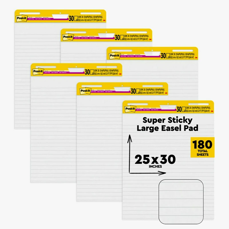 Post-it Super Sticky Easel Pad, 25 x 30 Inches, 30 Sheets/Pad, 6 Pads (561WL VAD 6PK), Large White Lined Premium Self Stick Flip Chart Paper
