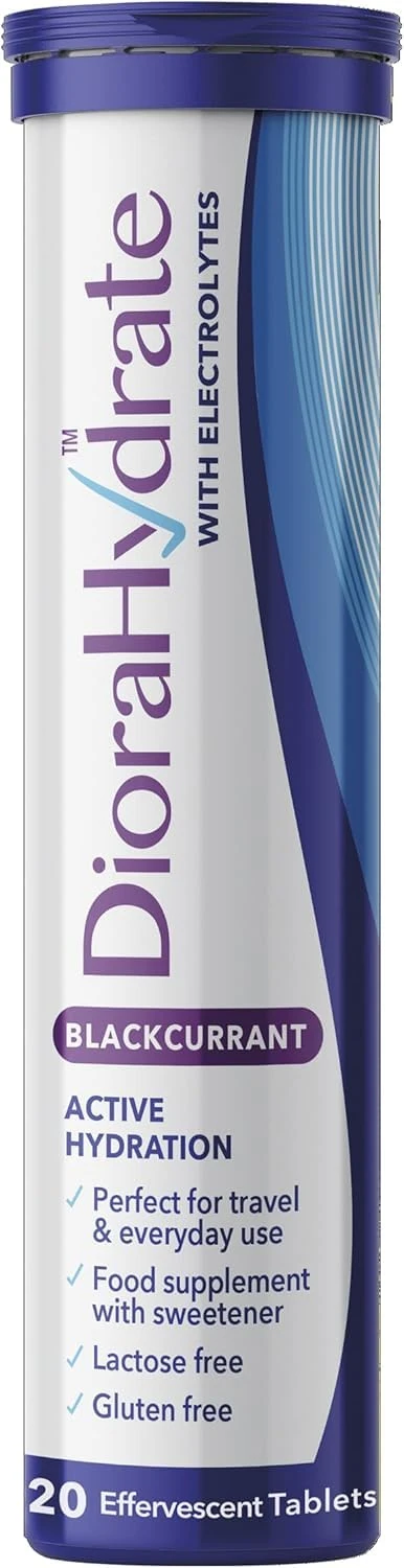 DioraHydrate Hydration Tablets with Electrolytes & Carbohydrates | 20 Blackcurrant Flavour Tablets| Scientifically Formulated for Active Hydration | Food Supplement Compact Tube