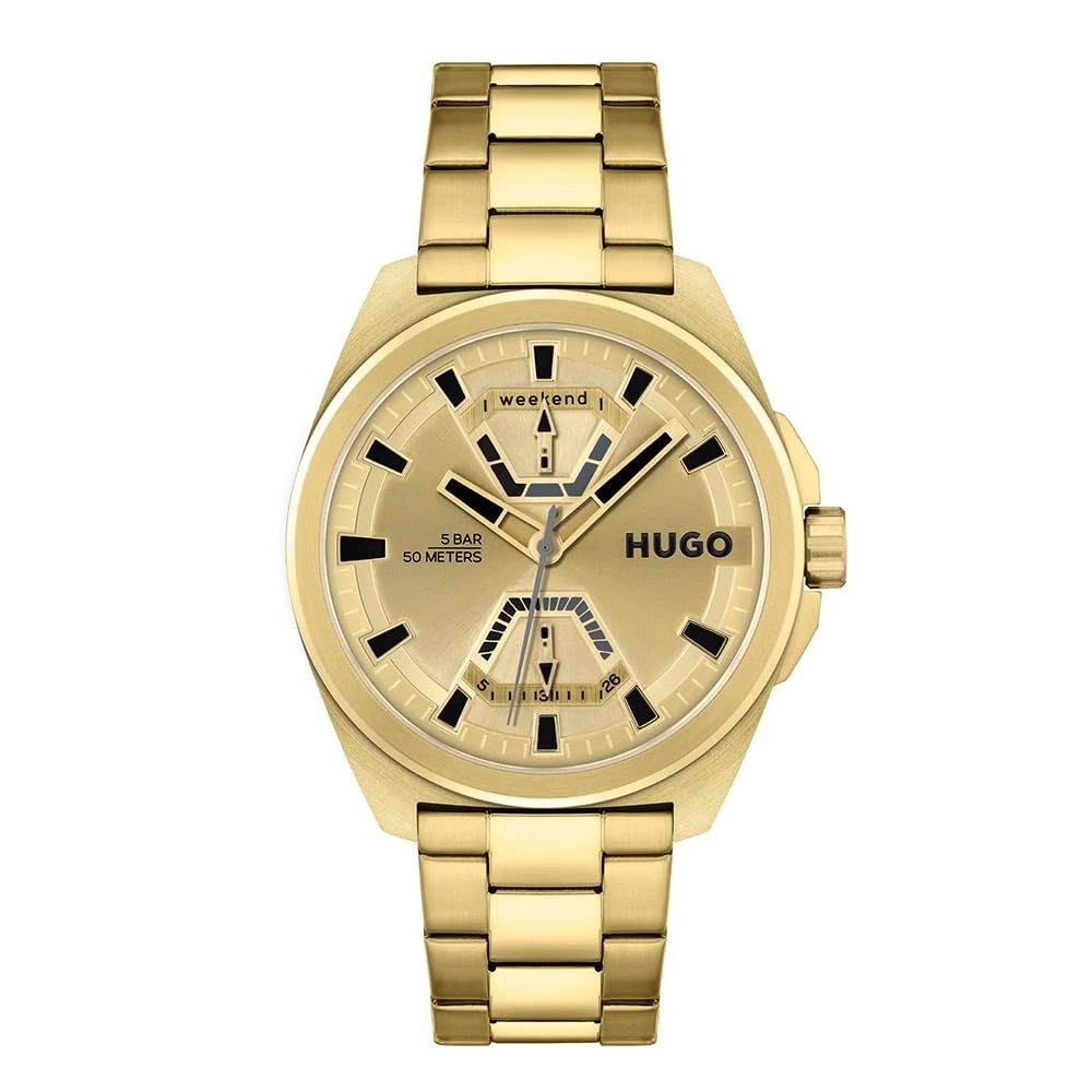 HUGO Analogue Multifunction Quartz Watch for Men #Expose Collection with Gold Colored Stainless Steel Bracelet - 1530243