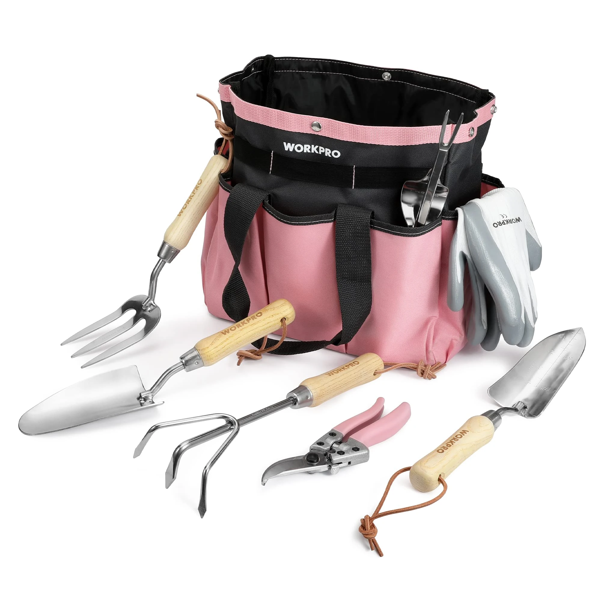 WORKPRO 8-Piece Pink Garden Tool Set, Stainless Steel Gardening Tool Set, with Wooden Handle and Garden Bag