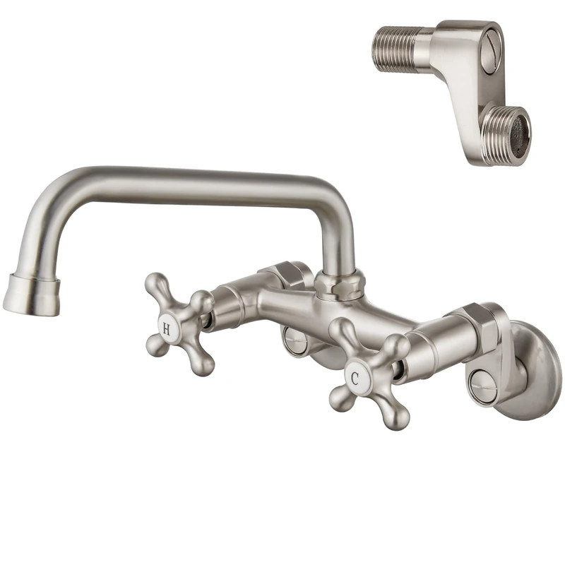 Airuida Brushed Nickel Wall Mount Kitchen Faucet 8 Inch Spout Reach Wall Mount Laundry Sink Faucet Adjustable Center Double Cross Handles Mixer Tap 360 Rotatable Restaurant Faucet