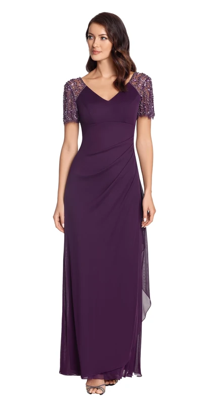 Xscape Women's Long V-Neck Beaded Detail Jersey Dress (Reg and Petite) Special Occasion, Plum, 22
