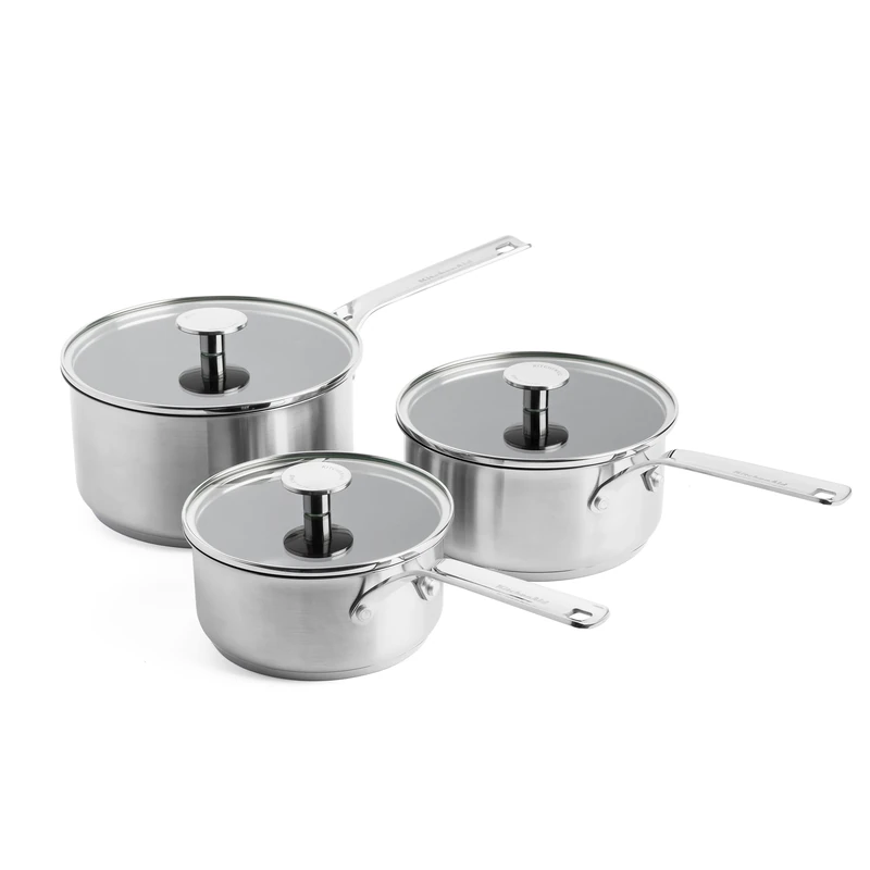 KitchenAid Stainless Steel PFAS-Free Ceramic Non-Stick 16 cm, 18 cm and 20 cm Saucepan Set with Lids, Clad, Induction, Oven Safe, Silver