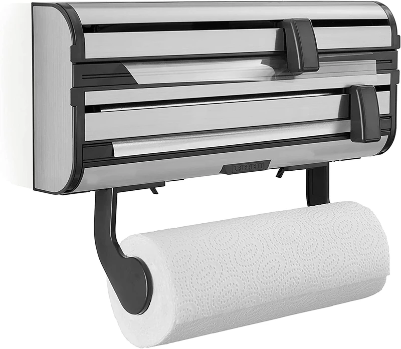 Leifheit Parat Royal 2.0 Wall Holder for 3 Rolls, Kitchen Roll Holder for Smooth Cut Edges, Paper Roll Holder for Handy Films, Foil Cutter with Razor-Sharp Blades Silver 38.5 x 16.2 x 8.5 cm 25793