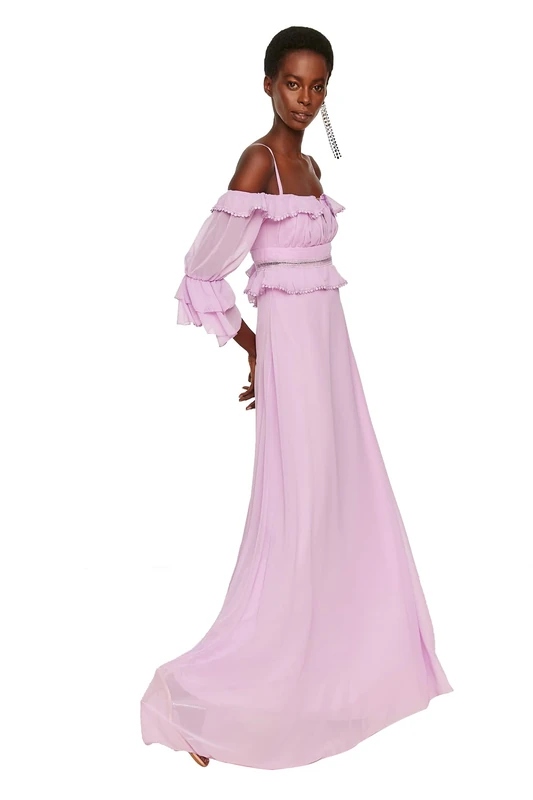 Trendyol Women's Maxi A-Line Regular Fit Woven Evening Dress, Light Purple, 8